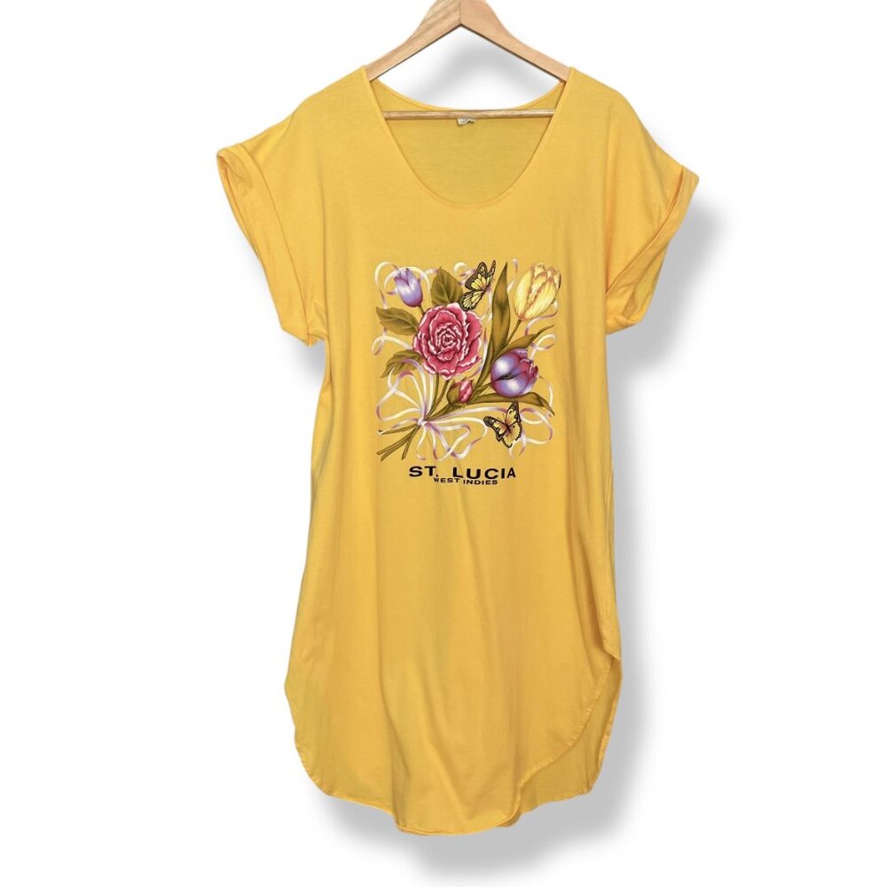 Oversized T-Shirt‎ Swimsuit Cover-Up Sleepshirt Butterflies Flowers Sz 1X Yellow